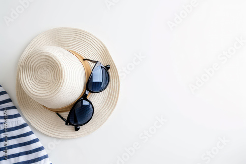 Top view fashion outfit with hat sunglasses and shorts on white background, Minimal fashion summer holiday concept. Flat lay photo