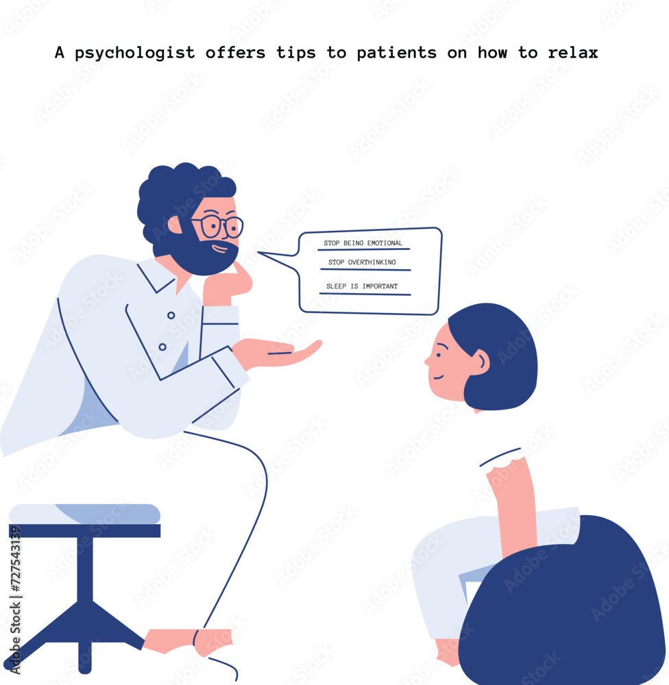A psychologist offers tips to patients on how to relax, sleep better, and manage anxiety. They also discuss various topics with their patients