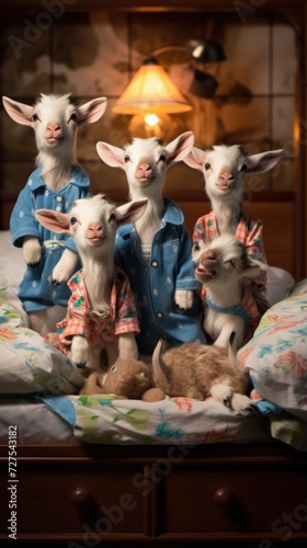 A group of goats in pajamas sitting on a bed. Generative AI. © serg3d