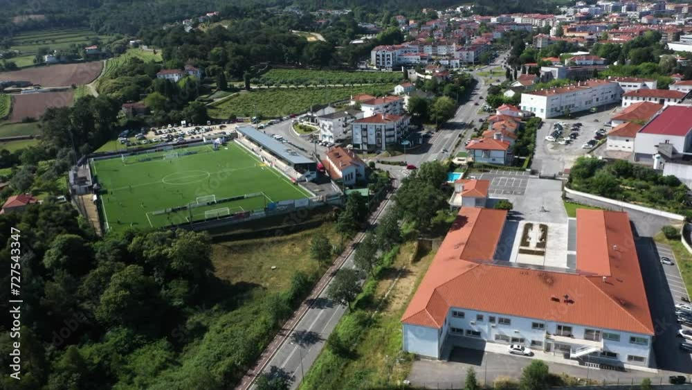 Football pitch stadium aerial Ponte de Lima oldest town in Portugal Football pitch stadium aerial Ponte de Lima oldest town in Portugal