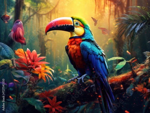 A colorful parrot sits on a branch in the jungle. Generative AI.