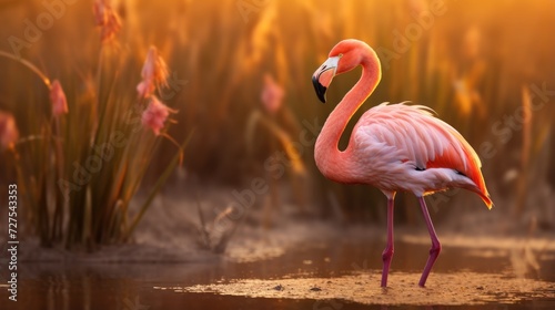 A pink flamingo stands in the water at sunset. Generative AI.