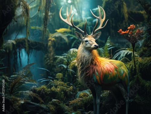 A deer with colorful antlers in the forest. Generative AI.