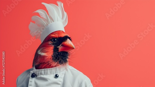 Colorful Avian Red Cardinal Bird Chef with Chef's Hat on Red Background