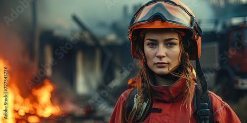 Firefighter standing in front of a burning building