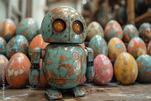 Small robot surrounded by colorful eggs on a workshop table.