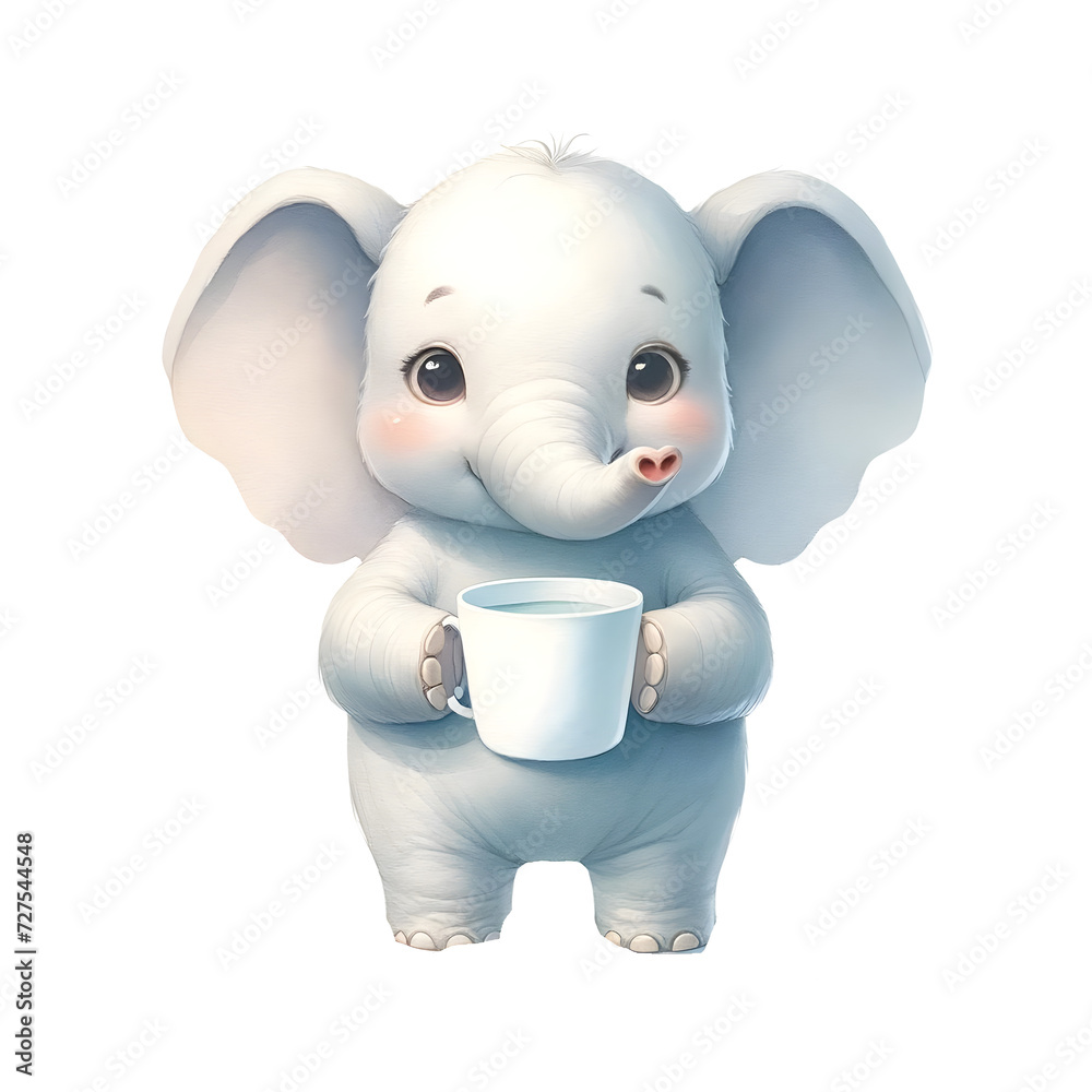 cute watercolor animal is standing and holding a white cup of coffee clipart of elephant