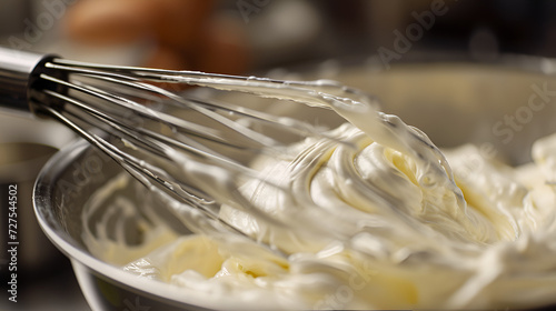 whisk with cream and bowl with white cream close-up
