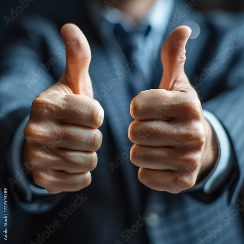 Hands showing thumbs up with business men endorsing, giving approval or saying thank you as a team in the office.