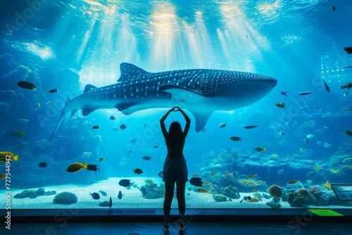 A woman forms a heart shape with her hands while admiring a majestic whale shark swimming alongside a variety of fish in a large, sunlit aquarium tank