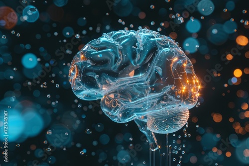 human glassy brain on dark room water drops. 3d rendering. ligh-quality 4K image. Generative AI #727545167
