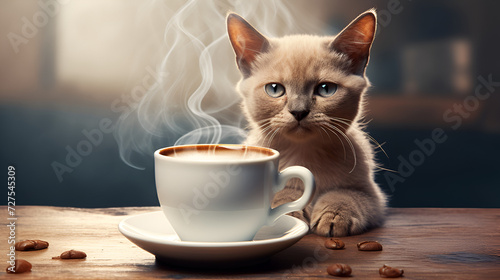 beautiful  gray cat closeup with a mug of coffee on a dark background with space for text