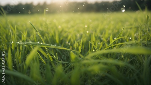 Close-up of fresh thick grass with water drops in the early morning dew
