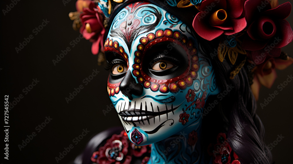 mask closeup for the day of death, santa muerte on a black background with space for text