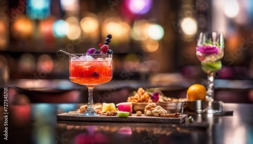 Colorful cocktail adorned with berries  surrounded by snacks and another drink  set in a vibrant bar atmosphere. 