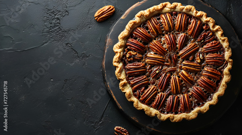 pecan pie on black background with space for text top view