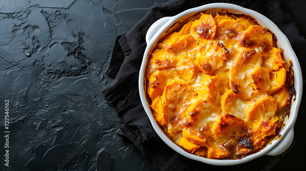 potato pie on a dark background with copy space, top view closeup with space for text potato pie on a dark background with copy space, top view closeup with space for text