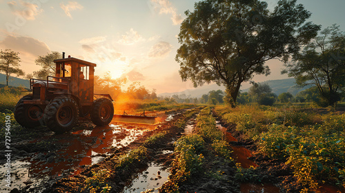 A farmer sows seeds with an automatic fertilizer drill in a rural village.