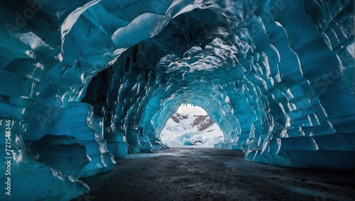 A deep  blue ice cave within a glacier  illuminated by the light from the entrance Generative AI