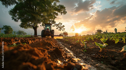 A farmer sows seeds with an automatic fertilizer drill in a rural village.