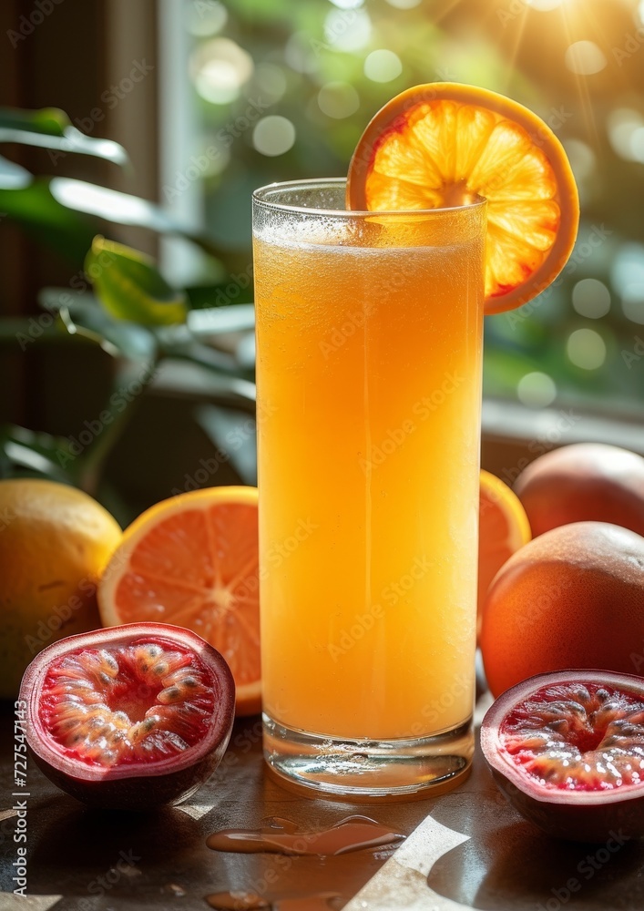 Fototapeta premium A fresh glass of orange colored juice or kombucha with passionfruit on the side. 