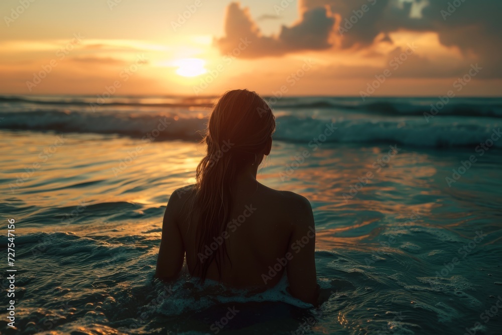 Woman watching sunset in the sea.