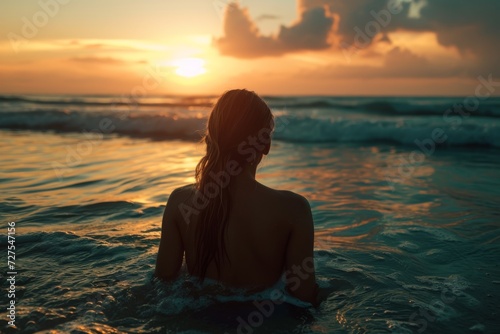 Woman watching sunset in the sea. © InfiniteStudio