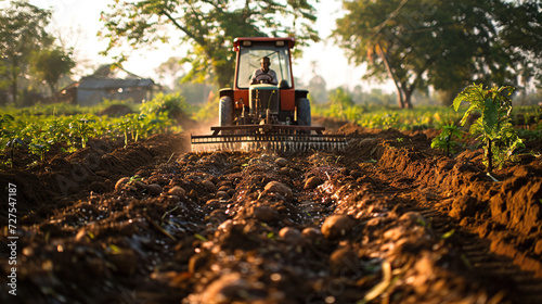 Fotografia, Obraz A farmer sows seeds with an automatic fertilizer drill in a rural village