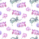 Seamless pattern watercolor pink purple orchid flower isolated on white background. Creative nature realistic home plant for wedding, card, wallpaper, textile, wrapping, florist, celebration