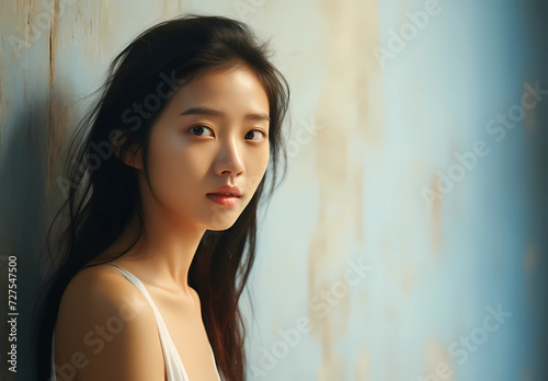 an asian woman in a white top leaning against a wall photo