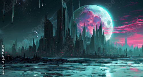 a futuristic city skyline with a moon in the background