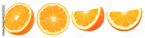 Orange fruit half and slices isolated, Orange fruit macro studio photo, transparent PNG, collection, PNG format, cut out photo