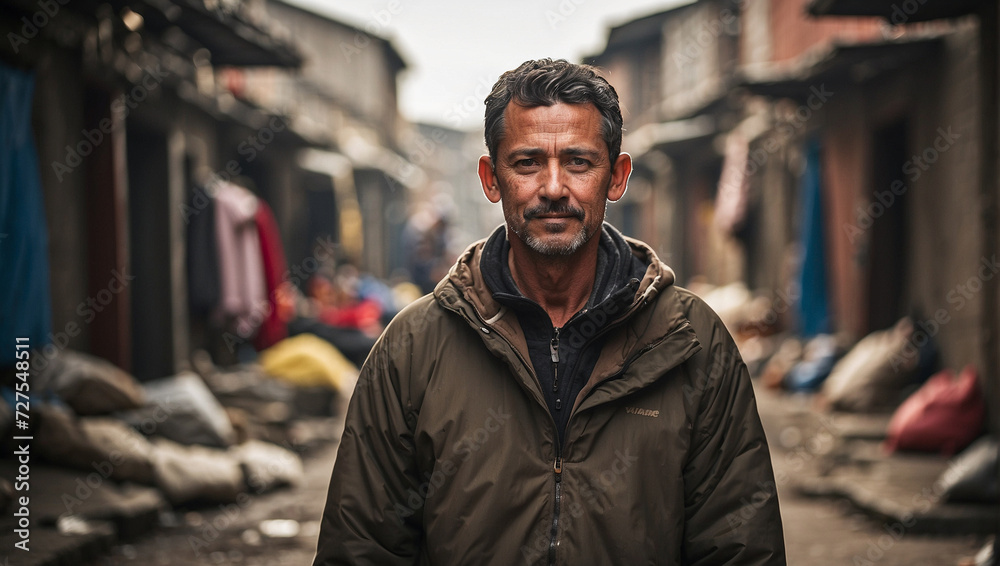 a man with a background in a slum environment a man with a background in a slum environment
