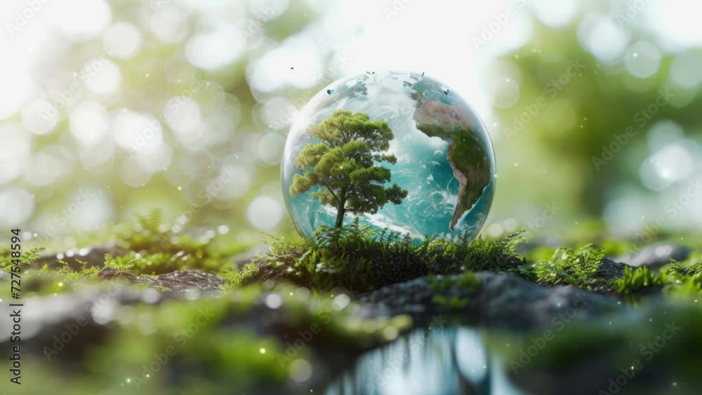 Crystal globe with sustainable development and ESG icon for environment social, governance, and business cooperation for World sustainable environment social governance concept. Earth day