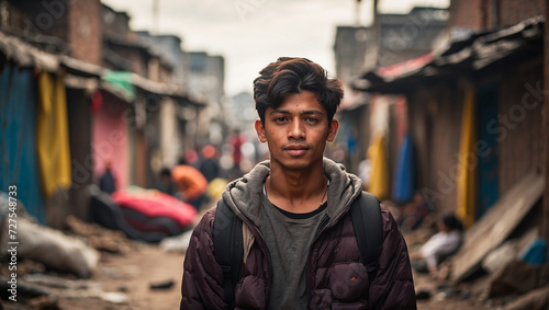 a young man with a background in a slum environment