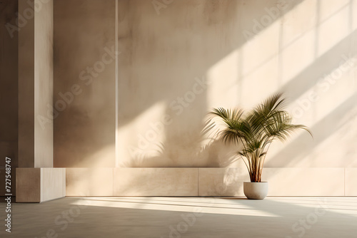 Empty room  empty wall  column emerging from the wall  palm tree in a vase on the side  sunlight entering the room  shadow