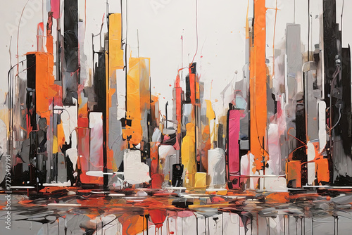 Vertical city abstraction. Gray and white brush strokes meet vibrant splashes, creating an abstract urban masterpiece. Elevate your projects with this dynamic cityscape. 