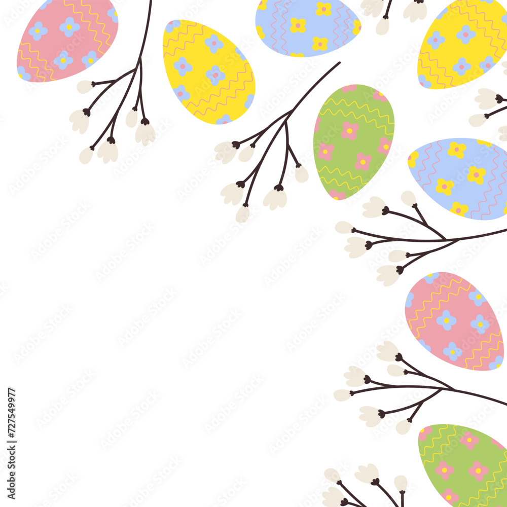 Vibrant corner frame border of Easter eggs and spring flowering twigs. Copy space. Easter greetings Vibrant corner frame border of Easter eggs and spring flowering twigs. Copy space. Easter greetings