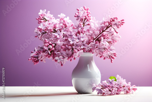 Lilac flowers in vase on lily background, 3d illustration, generated ai