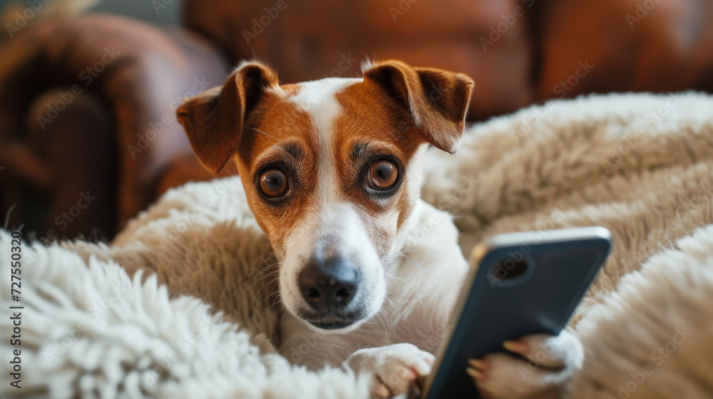 Dog Using Smartphone Adorable cute short hair dog holding smartphone making shocking face ...