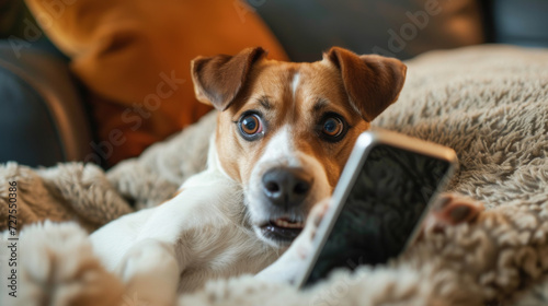 Adorable cute short hair dog holding smartphone making shocking face. Frighten or surprised dog when look at smartphone. Shock or surprise animal concept.