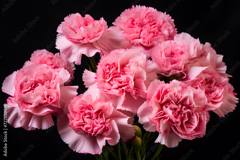 Pink bouquet of carnations on a black background, generative AI, generative ai