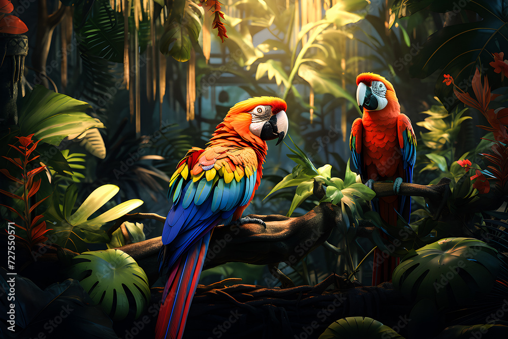 bright colorful parrots on jungle leaves, 3d illustration, generated ai