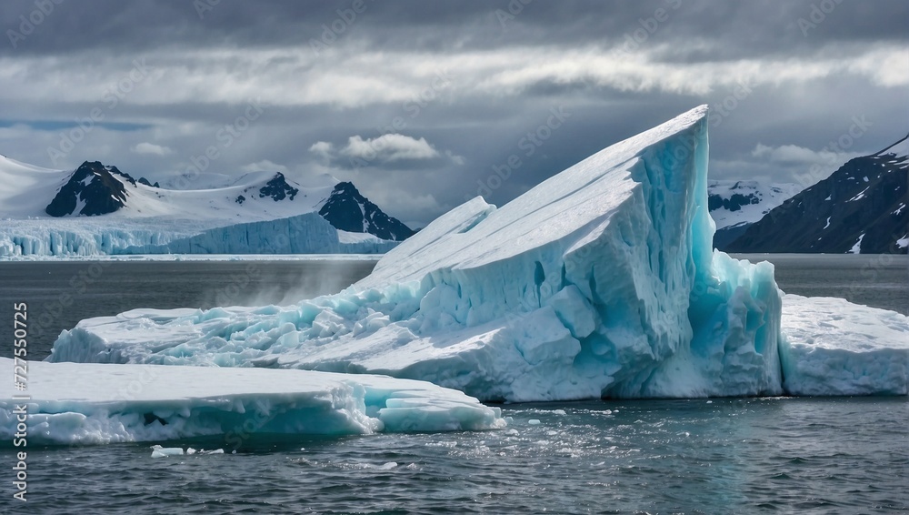 A glacier calving, with a massive ice block falling into the sea, creating a huge splash Generative AI