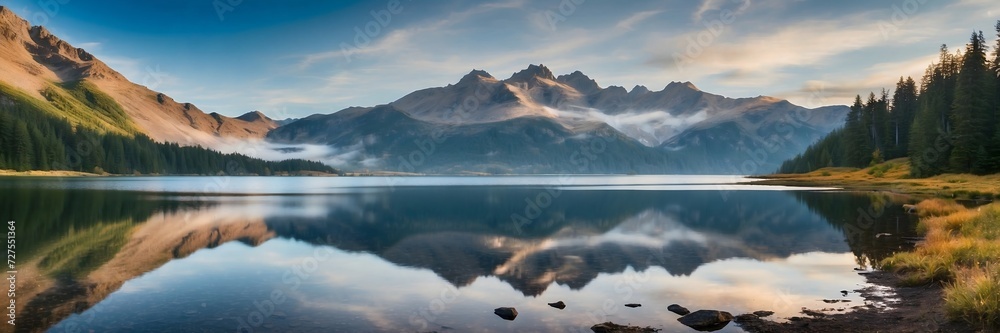 Tranquil Serenity: Majestic Mountains Reflected in the Calm Waters of a Serene Lake