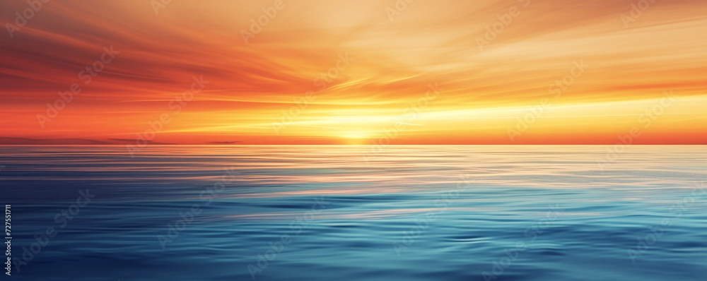 Background image of a light to dark gradient of a view of a beach, sea, light orange sky, and setting sun.
