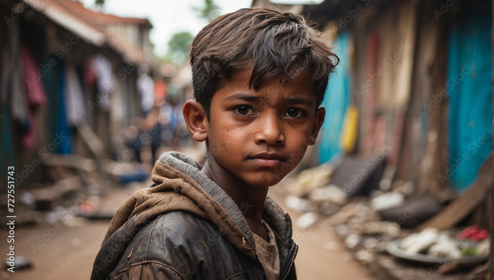 close up boy with a background in a slum environment close up boy with a background in a slum environment