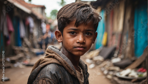 close up boy with a background in a slum environment photo