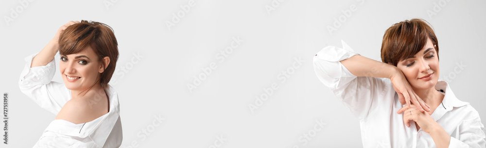 Young woman with beautiful short hair on grey background Young woman with beautiful short hair on grey background
