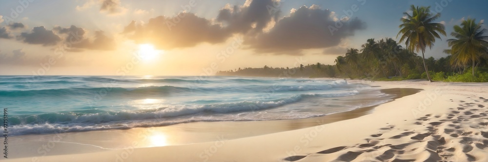 Golden Horizon: Captivating Sunset Over a Pristine White Sand Beach
